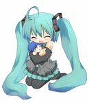  ahoge aqua_hair bad_id bad_pixiv_id cameo character_doll doll hatsune_miku hug kaito kneeling long_hair mbczlhamu solo thighhighs twintails very_long_hair vocaloid younger 