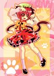  animal_ears bad_id bad_pixiv_id brown_eyes brown_hair cat_ears cat_tail chen earrings hat jewelry manabu multiple_tails paw_pose paw_print short_hair solo tail touhou 