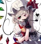  1girl artist_name ascot bangs belt black_gloves blonde_hair buttons cigarette collar commentary_request crystal dress ear_piercing earrings expressionless eyebrows_visible_through_hair eyelashes eyepatch flandre_scarlet frilled_gloves frilled_shirt_collar frills gloves hand_up hat hat_ribbon holding holding_skull jewelry kiseru laevatein_(touhou) long_hair looking_to_the_side mob_cap monocle multicolored_wings one_side_up piercing pipe puffy_short_sleeves puffy_sleeves red_dress red_eyes red_ribbon red_skirt red_vest ribbon ring shirt short_hair_with_long_locks short_sleeves sidelocks simple_background skirt skull smoke smoking solo sseopik standing touhou vest white_background white_belt white_collar white_headwear white_shirt white_sleeves wings yellow_eyes yellow_neckwear 