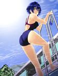  ass bad_id bad_pixiv_id barefoot blue_hair competition_swimsuit from_below goggles green_eyes one-piece_swimsuit original pool pool_ladder short_hair solo swim_cap swimsuit underwater wet yui_7 