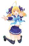  ahoge blonde_hair copyright_request long_hair nakatomi_ryou ribbon school_uniform serafuku solo thighhighs twintails v 