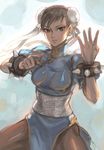  bad_id bad_pixiv_id bracelet brown_hair bun_cover china_dress chinese_clothes chun-li double_bun dress jewelry pantyhose pelvic_curtain sash solo spiked_bracelet spikes street_fighter yakinasu 