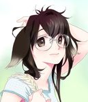  armpit_peek brown_eyes brown_hair copyright_request glasses long_hair messy_hair morikura_en multicolored_hair polka_dot solo two-tone_hair 