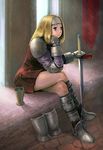  armor blonde_hair blue_eyes boots crossed_legs cup dress final_fantasy final_fantasy_tactics gauntlets headband long_hair roten sitting solo squire_(fft) sword weapon 