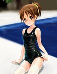  adjusting_clothes adjusting_swimsuit black_school_swimsuit brown_eyes brown_hair highres hirasawa_ui k-on! koumo one-piece_swimsuit ponytail pool poolside school_swimsuit short_hair smile solo swimsuit thighhighs wet white_legwear yellow_eyes 