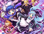  3girls alice_(wonderland) alice_in_wonderland animal_ears blue_scarf bunny_ears cat_ears cheshire_cat cup dress fishnet_legwear fishnets food hair_ribbon hatsune_miku headset ice_cream kagamine_len kagamine_rin kaito long_hair mad_hatter march_hare meiko multiple_boys multiple_girls pantyhose pocket_watch ribbon scarf spring_onion tail teacup teapot thighhighs very_long_hair vocaloid watch white_rabbit yutu 