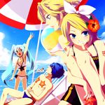  3girls bad_id bad_pixiv_id ball beach beachball bikini chair day flower grin hatsune_miku hibiscus highres horiizumi_inko kagamine_len kagamine_rin kaito lounge_chair male_swimwear meiko mouth_hold multiple_boys multiple_girls outdoors sleeping smile starfish sunbathing swim_briefs swimsuit swimwear umbrella vocaloid 