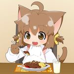  ahoge animal_ears bad_id bad_pixiv_id bib brown_eyes brown_hair cat_ears cat_tail child copyright_request curry drink drinking_straw fang food fur hair_ribbon lillithlauda no_hat no_headwear open_mouth paws ribbon smile solo spoon tail tareme 