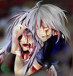 bad_id bad_pixiv_id blood braid closed_eyes commentary_request fangs hong_meiling hug hug_from_behind injury inu_tsuki izayoi_sakuya multiple_girls open_mouth silver_hair slit_pupils touhou yellow_eyes 