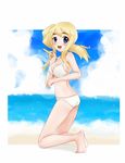  alternate_hairstyle barefoot beach bikini blonde_hair blue_eyes day highres k-on! kneeling kotobuki_tsumugi side_ponytail solo stick swimsuit tera_(teraura) 
