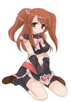  asahina_mikuru bike_shorts black_footwear blush boots brown_eyes brown_hair cosplay cure_black cure_black_(cosplay) elbow_gloves fingerless_gloves futari_wa_precure gloves heart kneeling long_hair magical_girl midriff precure rioriko shorts shorts_under_skirt sitting solo suzumiya_haruhi_no_yuuutsu twintails two_side_up wariza white_background 