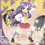  album_cover blue_eyes cover hiiragi_miki loafers lucky_star purple_hair ryouou_school_uniform school_uniform serafuku shing_(sorairo_factory) shoes socks solo star yellow_neckwear zoom_layer 