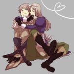  1girl axis_powers_hetalia bad_id bad_pixiv_id belarus_(hetalia) boots dress gloves hair_ribbon heart hug lingerie long_hair pantyhose petticoat ribbon russia_(hetalia) scarf siblings silver_hair striped sudachips sweatdrop trench_coat underwear 