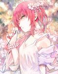  bare_shoulders bracelet collar dress expressionless flower hair_flower hair_ornament head_tilt jewelry long_hair looking_at_viewer original parted_lips pink_hair pointy_ears shrimpman solo yellow_eyes 