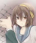  bad_id bad_pixiv_id brown_eyes brown_hair chain-link_fence fence hairband kita_high_school_uniform school_uniform serafuku short_hair solo suzumiya_haruhi suzumiya_haruhi_no_yuuutsu wet yoshioka_mitsuko 