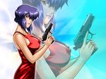  bare_shoulders breasts covered_nipples dress ghost_in_the_shell ghost_in_the_shell_stand_alone_complex gun kusanagi_motoko large_breasts lips lipstick makeup purple_hair red_eyes short_hair solo weapon yuusuke_(ziyasu) zoom_layer 
