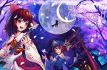  blueeves bow broom broom_riding brown_hair bug butterfly cherry_blossoms detached_sleeves full_moon guitar hair_bow hakurei_reimu hat insect instrument kirisame_marisa microphone moon multiple_girls petals pink_eyes pink_hair red_eyes saigyouji_yuyuko short_hair shrine signature torii touhou witch_hat 