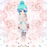  alternate_hairstyle aqua_hair bad_id bad_pixiv_id cherry_blossoms detached_sleeves hair_bun hatsune_miku highres making_of mouth_hold nekobaka photo_background solo thighhighs vocaloid 