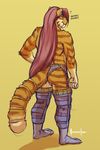  brown_hair feline garter hair knee_braces legwear male mammal meesh panties piercing qa&#039;a qa'a sabertooth solo stockings stripes tail_ring tiger underwear 