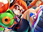  bike_shorts domino_mask flat_chest grin headphones ink_tank_(splatoon) inkling konpeto long_hair mask orange_eyes orange_hair paint_splatter pointy_ears shoes short_hair_with_long_locks sidelocks slime smile sneakers solo splatoon_(series) splatoon_1 splattershot_(splatoon) squid squirting super_soaker tentacle_hair weapon 