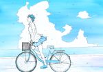  1girl bicycle bicycle_basket blue blue_bicycle blue_footwear blue_sky closed_mouth cloud collared_shirt commentary_request from_side ground_vehicle highres monochrome ocean original pleated_skirt shirt shoes short_hair short_sleeves skirt sky smile solo white_shirt wing_collar yokotakumi 