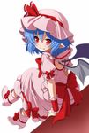  bat_wings blue_hair boots bow eichi_yuu fang full_body hair_ribbon hat looking_at_viewer mob_cap pink_footwear pointy_ears red_eyes remilia_scarlet ribbon short_hair simple_background sitting smile solo touhou white_background wings wrist_cuffs 