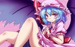  ascot aya-on_(miria00) bat_wings blue_hair brooch eyelashes fang fang_out hat hat_ribbon jewelry knee_up looking_at_viewer mob_cap pink_background puffy_short_sleeves puffy_sleeves reclining red_eyes remilia_scarlet ribbon sash short_hair short_sleeves skirt skirt_set smile solo steepled_fingers touhou wings wrist_cuffs 