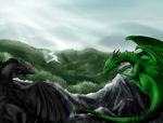  absurd_res alice4444dm black_scales dragon duo green_scales hi_res male outside red_eyes scalie sharp_teeth teeth wings 