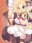  :o bad_id bad_pixiv_id blonde_hair blue_eyes blush bow breasts broom charm_(object) doraemon_(artist) dress frilled_shirt_collar frilled_skirt frills hand_on_headwear hat heart kirisame_marisa long_hair medium_breasts open_mouth polka_dot polka_dot_background puffy_short_sleeves puffy_sleeves ribbon short_sleeves skirt solo star striped striped_background touhou witch_hat 