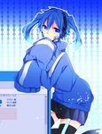  aoi_choko_(aoichoco) blue_eyes blue_hair ene_(kagerou_project) headphones highres kagerou_project long_sleeves looking_at_viewer short_hair sleeves_past_fingers sleeves_past_wrists solo thighhighs twintails 