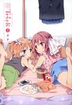  2girls barefoot digital_media_player food ipod multiple_girls official_art pocky sakura_trick snack sonoda_yuu tachi_(gutsutoma) takayama_haruka yuri 