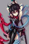  armpits arms_up asymmetrical_wings black_hair black_legwear blush breasts dress fang houjuu_nue looking_at_viewer medium_breasts nail_polish pointy_ears polearm red_eyes short_dress short_hair simple_background smile snake solo thighhighs touhou touya_(the-moon) weapon wings wrist_cuffs zettai_ryouiki 