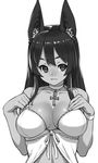  :3 animal_ears ankh anubis_(houtengeki) babydoll bare_shoulders breasts choker cleavage downscaled greyscale highres houtengeki image_sample large_breasts long_hair md5_mismatch monochrome original resized simple_background smile solo twitter_sample upper_body white_background wristband 