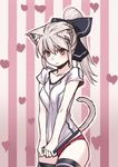  animal_ears black_legwear bow buruma cat_ears cat_tail grey_eyes grey_hair gym_uniform hair_bow heart long_hair original ponytail shirt_tug solo sun-3 tail thighhighs 