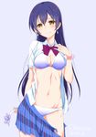  2014 3: artist_name bikini bikini_under_clothes blue_hair bow bowtie bracelet breasts clearite cleavage cowboy_shot dated earrings gradient hair_between_eyes hairband_removed hand_on_own_chest jewelry love_live! love_live!_school_idol_project medium_breasts natsuiro_egao_de_1_2_jump! navel necklace open_clothes open_fly open_shirt otonokizaka_school_uniform panties plaid plaid_skirt pleated_skirt school_uniform shirt simple_background skirt skirt_pull solo sonoda_umi stomach swimsuit swimsuit_under_clothes unbuttoned underwear unzipped yellow_eyes 