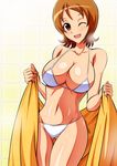  aokura_shou bathroom bikini breasts brown_eyes brown_hair cleavage happinesscharge_precure! highres large_breasts looking_at_viewer navel one_eye_closed oomori_yuuko open_mouth precure short_hair smile solo steam swimsuit thigh_gap towel water wet white_bikini 