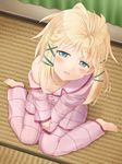  barefoot black_bullet blonde_hair blue_eyes blush from_above hair_ornament highres kamelie looking_at_viewer off_shoulder open_mouth pajamas sitting sleepy smile solo tatami tina_sprout v_arms wariza 