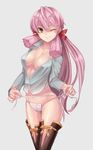  akashi_(kantai_collection) boots breasts cleavage green_eyes kantai_collection konnyaku_(kk-monmon) long_hair looking_at_viewer medium_breasts one_eye_closed panties pink_hair side-tie_panties solo thigh_boots thighhighs underwear undressing untied untied_panties 