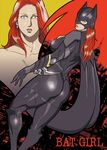  ass barbara_gordon batgirl batman_(series) bodysuit boots cape character_name dc_comics dual_persona earrings gauntlets gray_eyes grey_eyes helmet jewelry knee_high_boots mask muscle nappy_happy red_hair skin_tight skintight thick_thighs thighs 