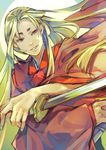  ayajik blonde_hair japanese_clothes long_hair male_focus ookami_(game) red_eyes short_eyebrows solo sword ushiwakamaru weapon 
