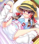  blush bow brown_eyes brown_hair clothes_writing diaper glaring hair_tubes hakurei_reimu hat kindergarten_uniform loose_socks lying name_tag no_shoes panties panties_around_one_leg ribbon-trimmed_legwear ribbon_trim safety_pin school_hat sidelocks skirt skirt_lift socks solo spread_legs stolas_(lemegeton) touhou underwear white_legwear 