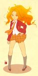  adventure_time annoyed black_legwear dress_shirt flame_princess frown hand_on_hip hiyori_chisha jacket long_hair looking_at_viewer loose_necktie necktie open_clothes open_jacket orange_eyes orange_hair orange_skin plaid plaid_skirt school_uniform shirt skirt socks solo 