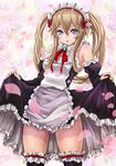  apron bare_shoulders blue_eyes brown_hair detached_sleeves dress dress_lift elf frills long_hair looking_at_viewer maid maid_headdress myucel_foalan outbreak_company pointy_ears solo thighhighs twintails yamasan_(hachiman) 