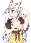  animal_ears blue_eyes blush breasts cleavage collar digital_media_player earbuds earphones extra_ears fox_ears fox_tail hair_between_eyes large_breasts long_hair looking_at_viewer open_mouth original shirohina single_earphone_removed solo standing tail transparent_background twintails very_long_hair white_hair 