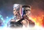  bad_id bad_pixiv_id bandana black_hair dark_skin dark_skinned_male earrings grey_hair highres jean_pierre_polnareff jewelry jojo_no_kimyou_na_bouken linjie mohammed_avdol multiple_boys profile white_hair 