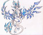  abstract_wings blue_markings breasts claws dragon female fire horn long_tail magic_user markings plain_background red_eyes signature solo t3gray toe traditional_media white_background white_skin wings 