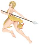  :d alternate_costume ass barefoot bishamonten's_spear black_hair blonde_hair bracelet breasts china_dress chinese_clothes cookin dress feet from_behind full_body hair_ornament highres jewelry looking_back medium_breasts multicolored_hair open_mouth polearm short_hair shoulder_blades simple_background smile soles solo spear spread_toes toes toramaru_shou touhou weapon white_background yellow_eyes 