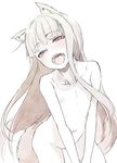  animal_ears bad_id bad_twitter_id blush flat_chest holo leaning_forward long_hair monochrome navel nipples nude open_mouth sidelocks simple_background solo solopipb spice_and_wolf tail very_long_hair white_background wolf_ears wolf_tail 