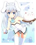  angora_rabbit animal animal_ears blue_eyes blush bunny bunny_ears bunny_girl bunny_tail bunnysuit coffee_mug cup detached_collar flat_chest ginmaru gochuumon_wa_usagi_desu_ka? hair_ornament hairclip kafuu_chino long_hair looking_at_viewer mug plate silver_hair solo tail thighhighs tippy_(gochiusa) tray white_legwear wrist_cuffs x_hair_ornament 