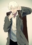  cigarette ginko hair_over_one_eye male_focus medicine_box mieharu mushishi smoking solo white_hair 